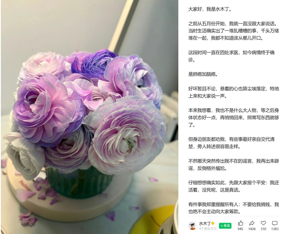 确诊肺癌和脑癌，作家水木丁发文：不要给我捐钱，目前医保可覆盖普通治疗的大部分费用